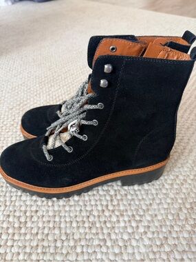 Marc Fisher Black Suede Shearling Fur Lace-Up Ankle Boots